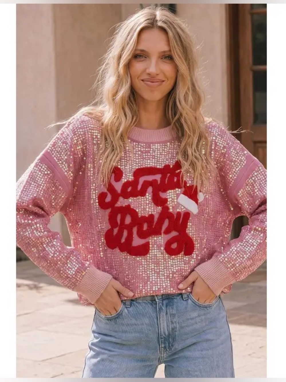 BIBI M Pink Santa Baby Sequin Sweater Christmas Holiday Glam Coquette Party Xmas